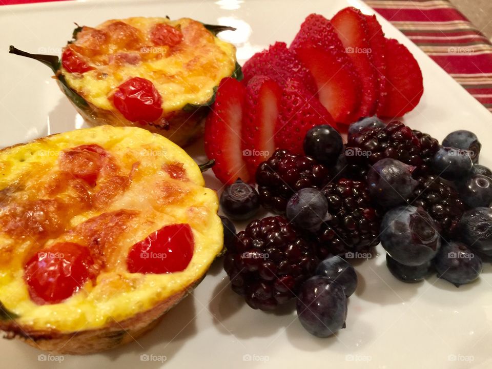 Egg & vegetable muffins with fresh strawberries & blackberries 