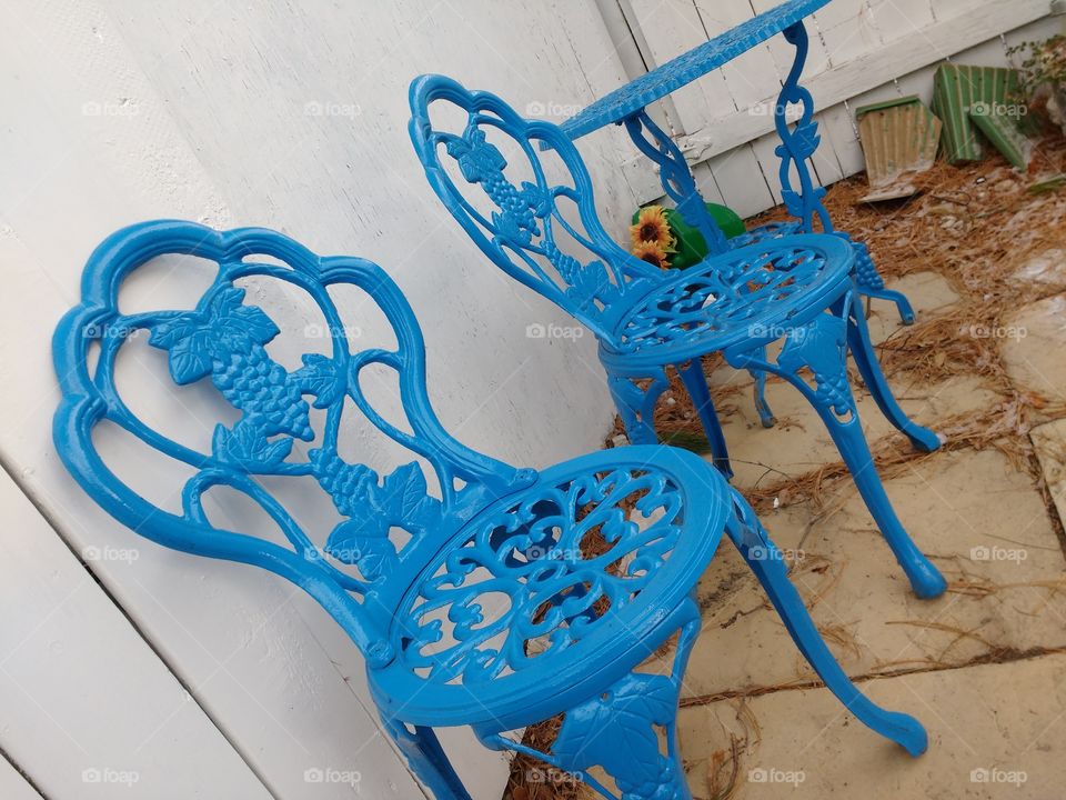 Blue patio chairs