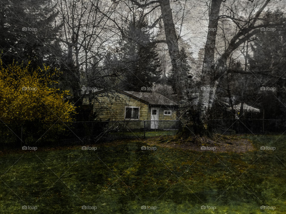 Black and white and yellow photo of a home in the countryside in the Valley 