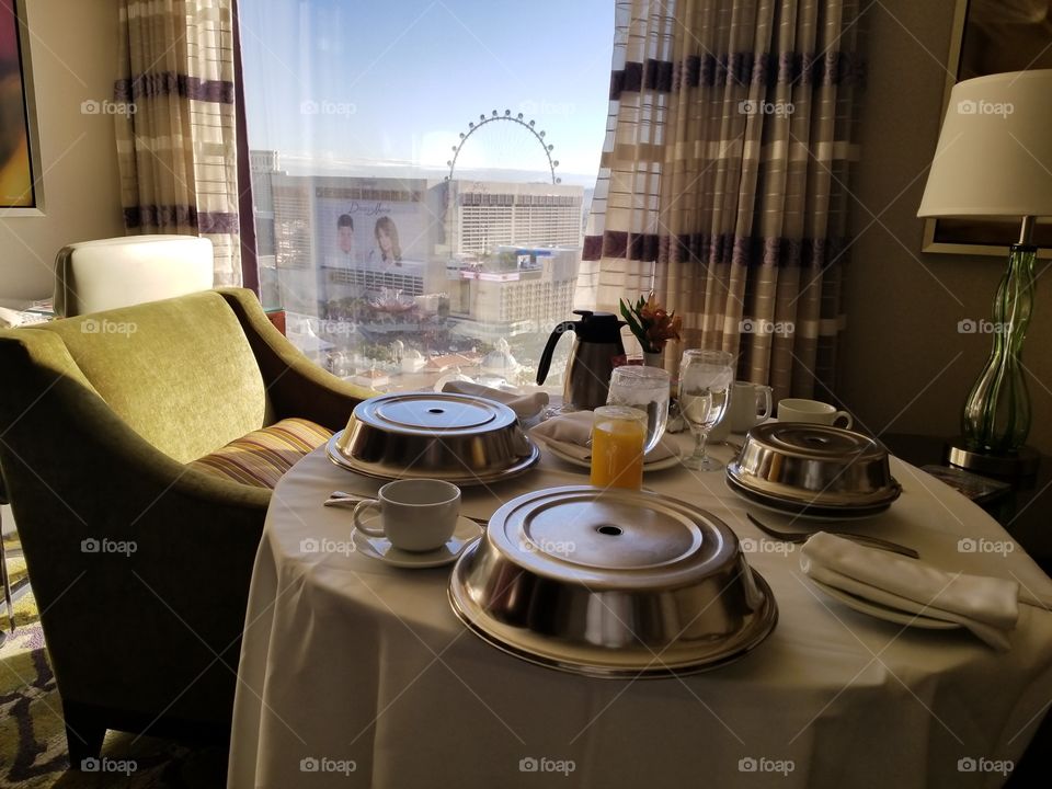 Room service in a hotel with a view