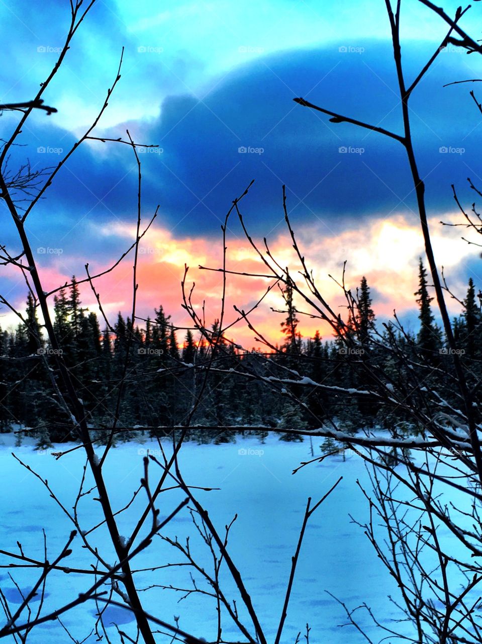 Sunset in snowy landscape 