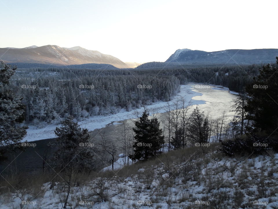 High angle view of river in snowy weather