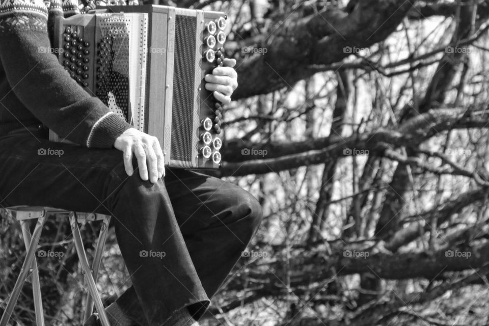 Close-up of an accordion player in nature
