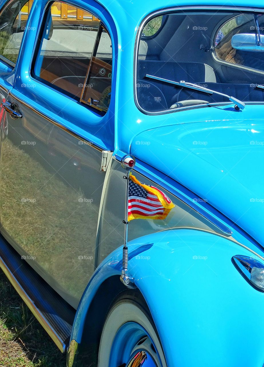 Classic Volkswagen Beetle. Vintage Restored Blue And White Volkswagen Beetle
