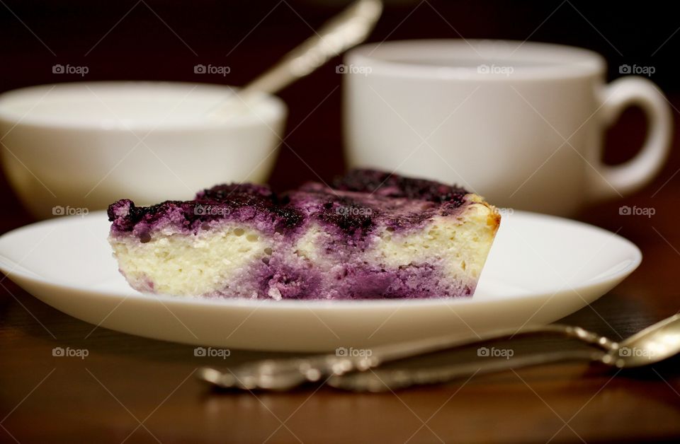 Baked pudding made from cottage cheese and blueberry