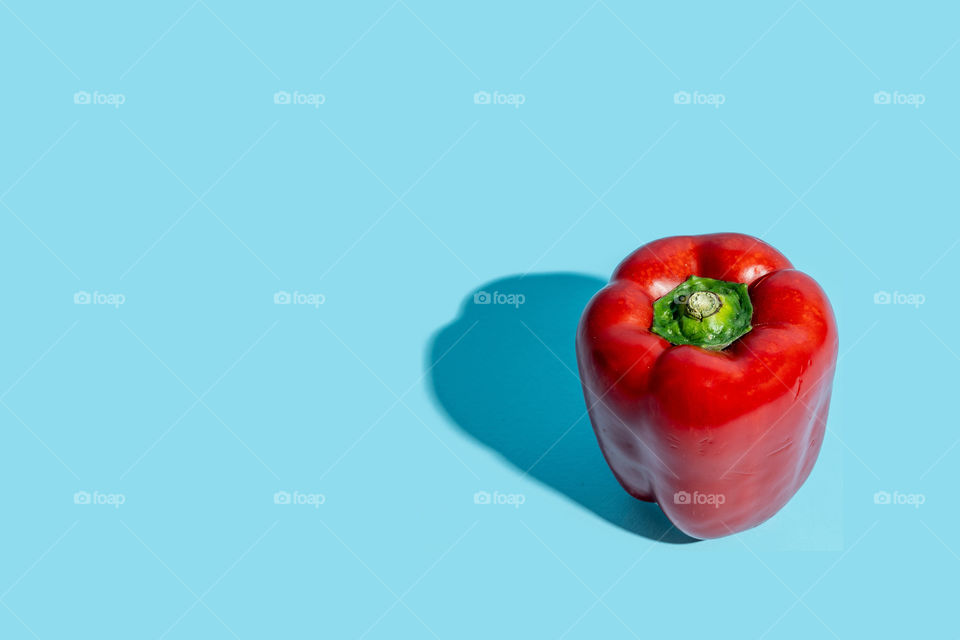 Red bell pepper against blue background