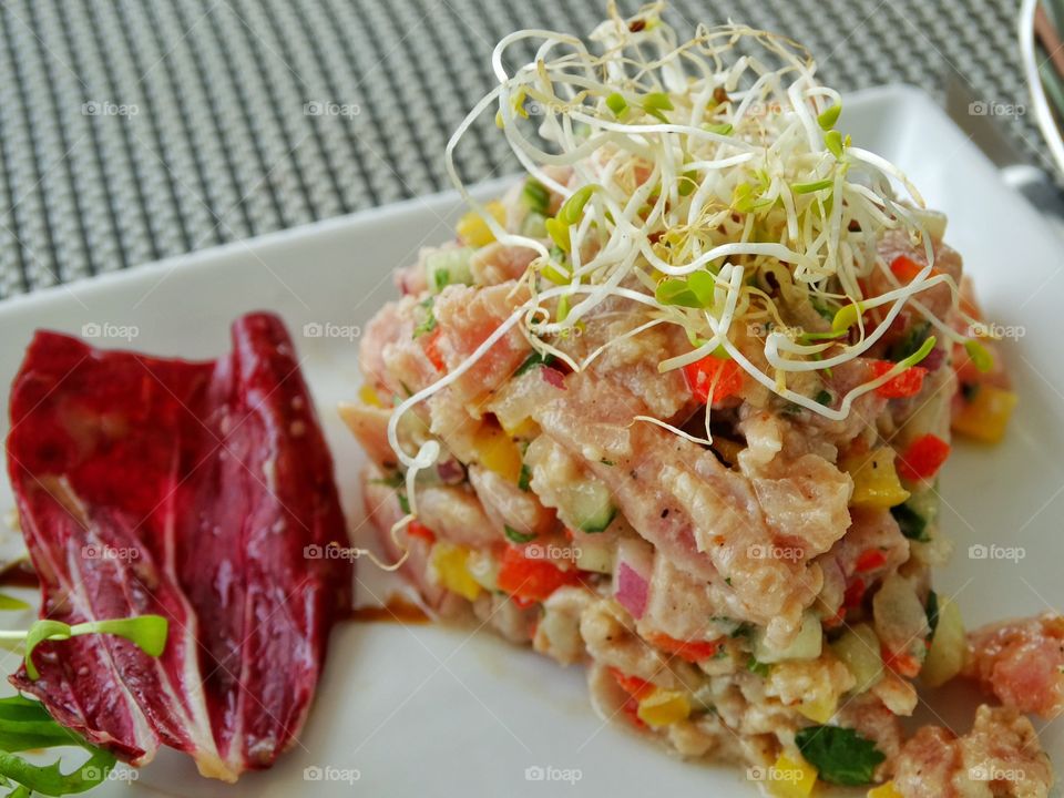 Gourmet Fish Appetizer. Seared Ahi Tuna Salad Appetizer At A Five Star Mexican Resort
