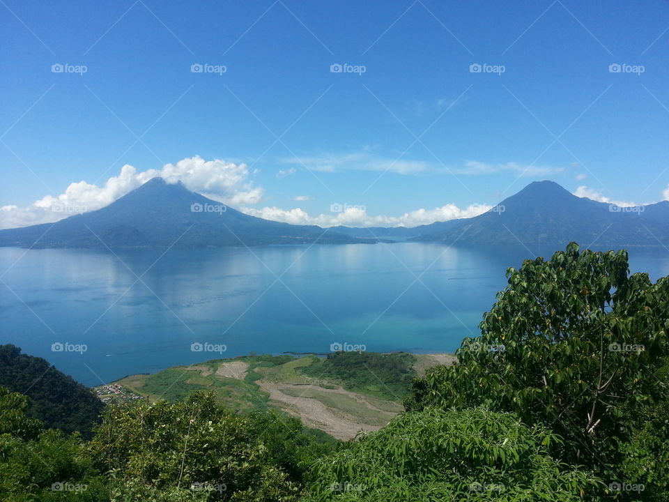 Lago Atitlan. View of Lake Atitlan and volcanoes in Guatemala