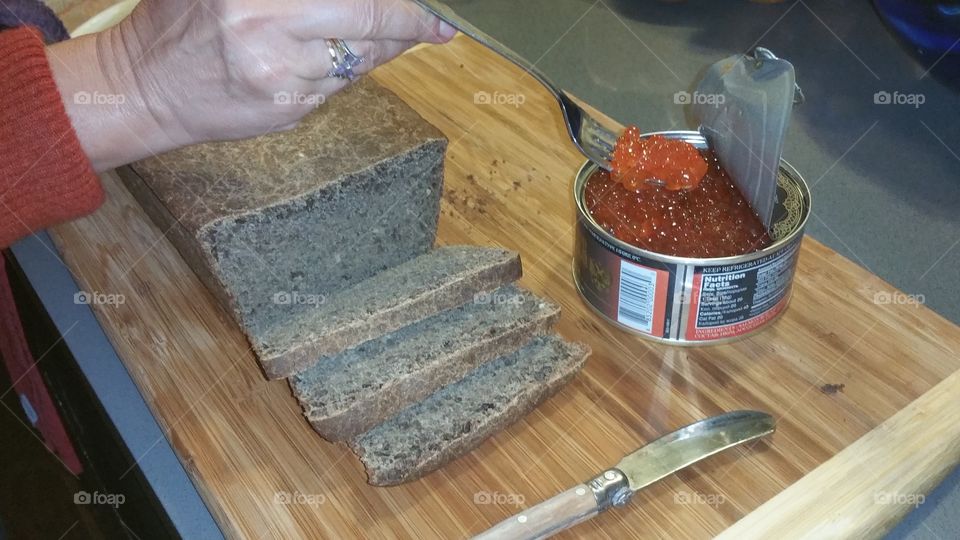 Homemade black bread and caviar