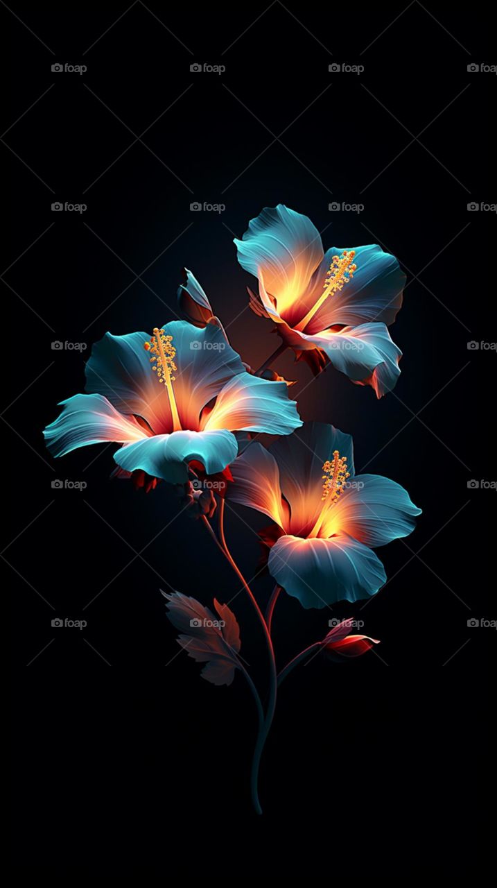 blooming light blue flowers on dark background in the style of luminescent lightscapes