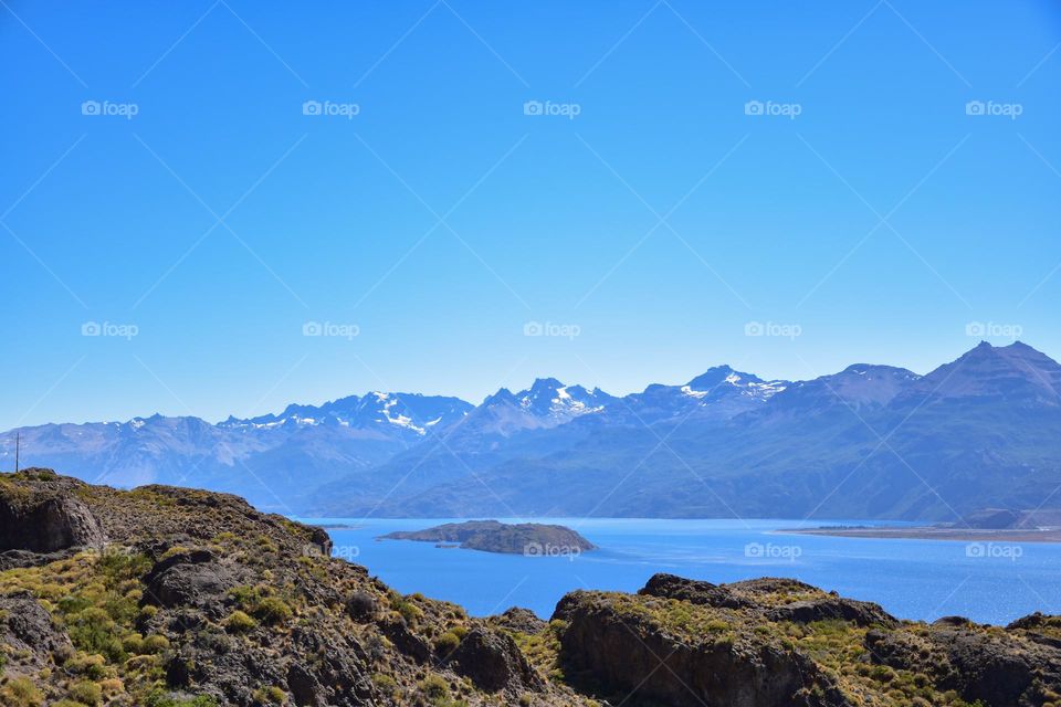 general carrera lake with mountains in the background in chilean patagonia