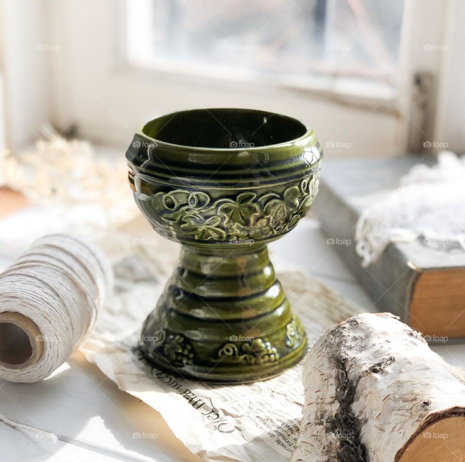 Vintage ceramic green wine glass