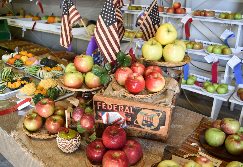 Prize winning apples on display at the county fair