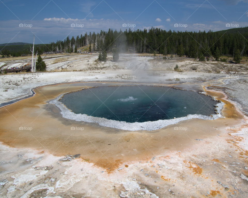 Beautiful, unique, and stunning geology on Geyser Hill in the magnificent Yellowstone National Park on a sunny summer day. 