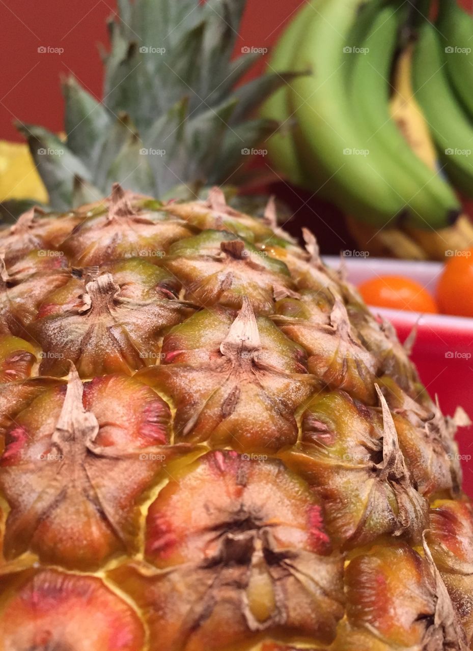 Pineapple power!!!! Pineapple, ombré, close-up, colourful, red, yellow, green, orange. 