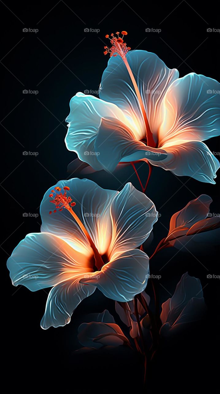 blooming light blue flowers on dark background in the style of luminescent lightscapes