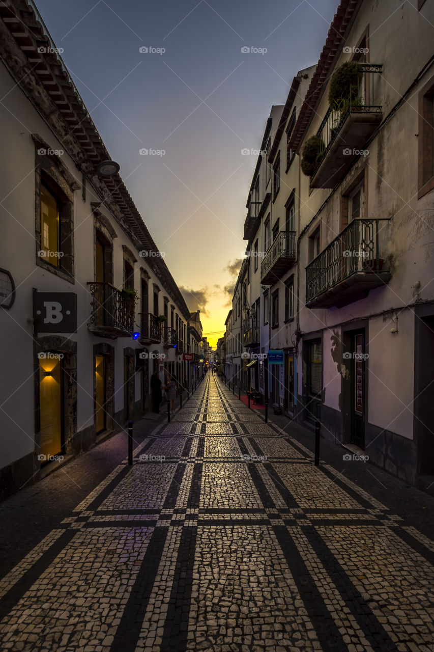 Sunset in the streets of Ponta Delgada, Sao Miguel, Azores, Portugal