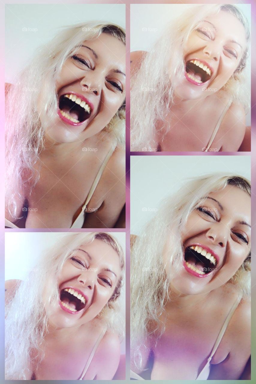 Collage photo of a laughing woman