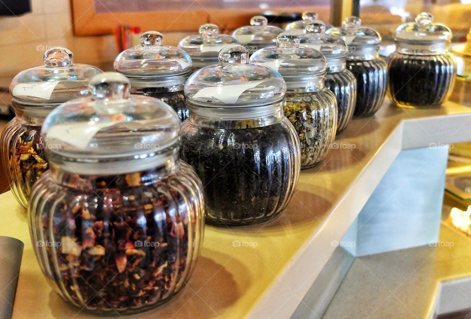 Variety of tea herbs in jar