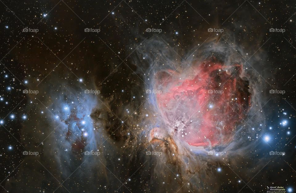 Orion Nebula, Messier 42, Running Man Nebula, deep  nebulosity, fine structures color explosion, bright stars 