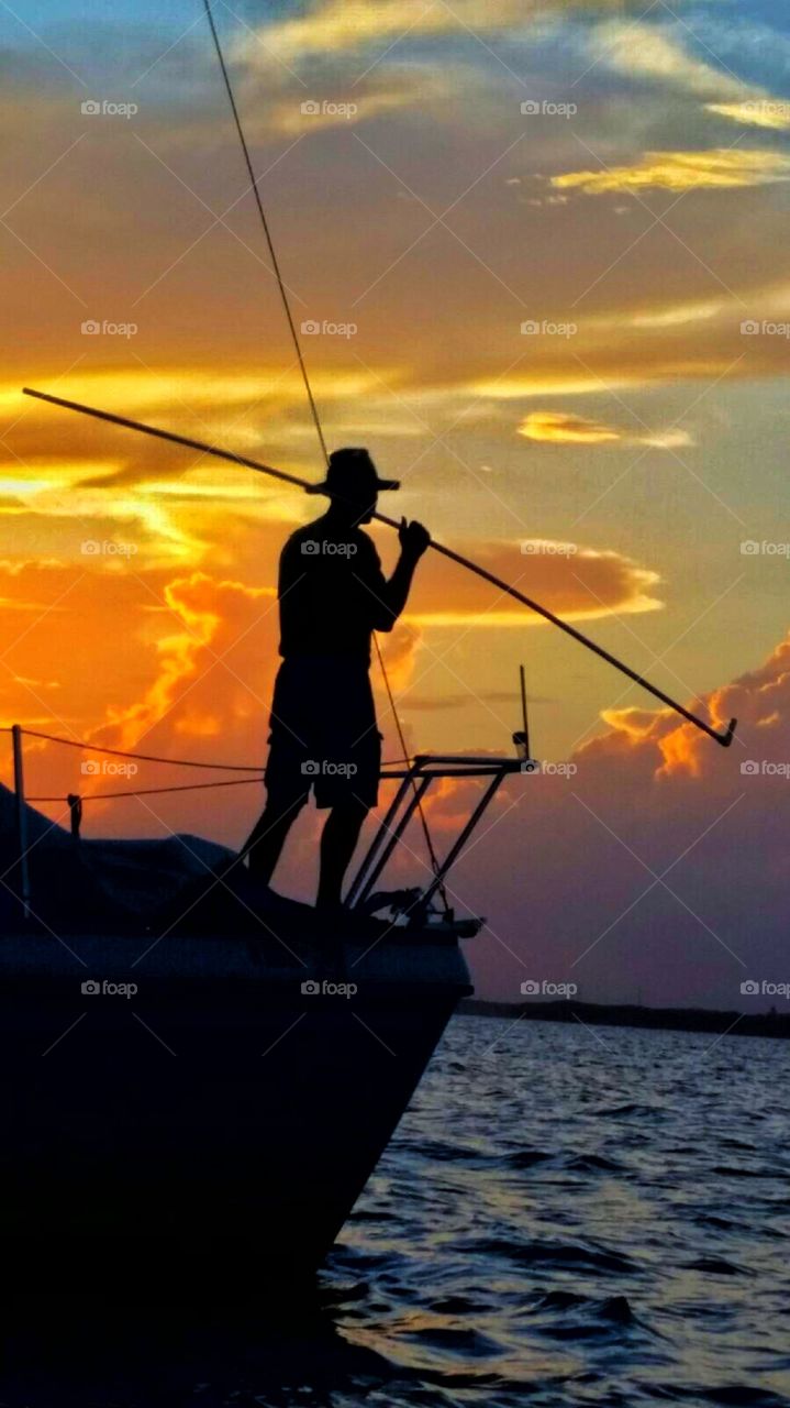 Sunset, Fisherman, Water, Recreation, Backlit