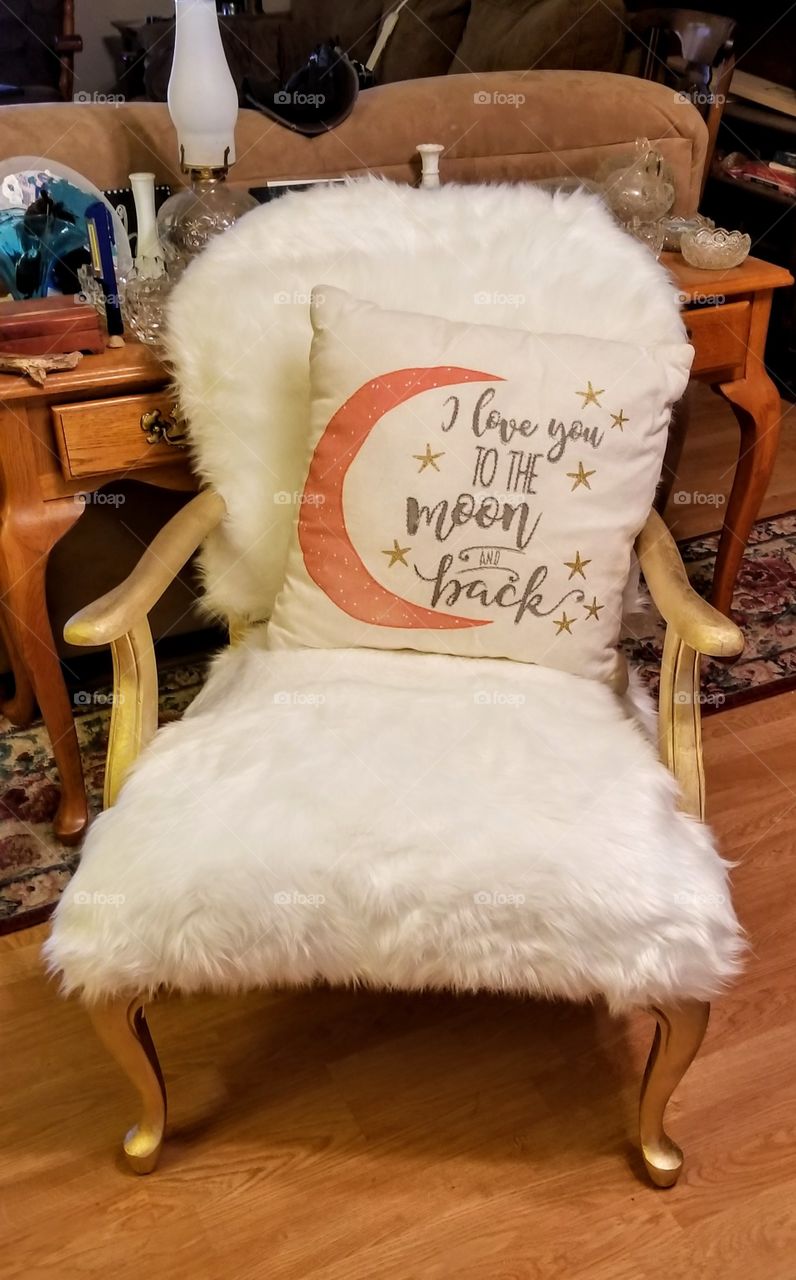 White and Gold armchair furry plush vanity glamour vanity I love you to the moon and back decor