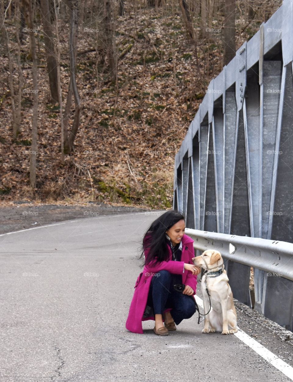 A spring walk with your dog, young lady wearing a fuchsia colored jacket walking a yellow Labrador retriever 