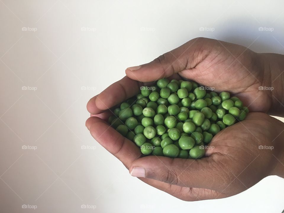 Green peas in hands