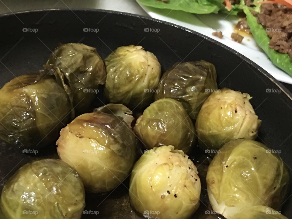 What's cooking? Fresh Brussel sprouts , steamed closeup view 