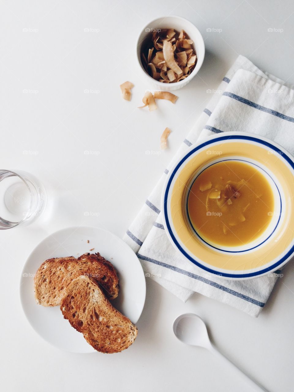 Pumpkin soup and wholewheat toast with coconut chips