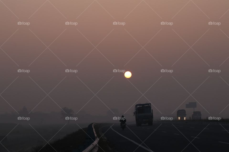 Foggy morning. 
Took this pick while travelling early morning in the winter season.