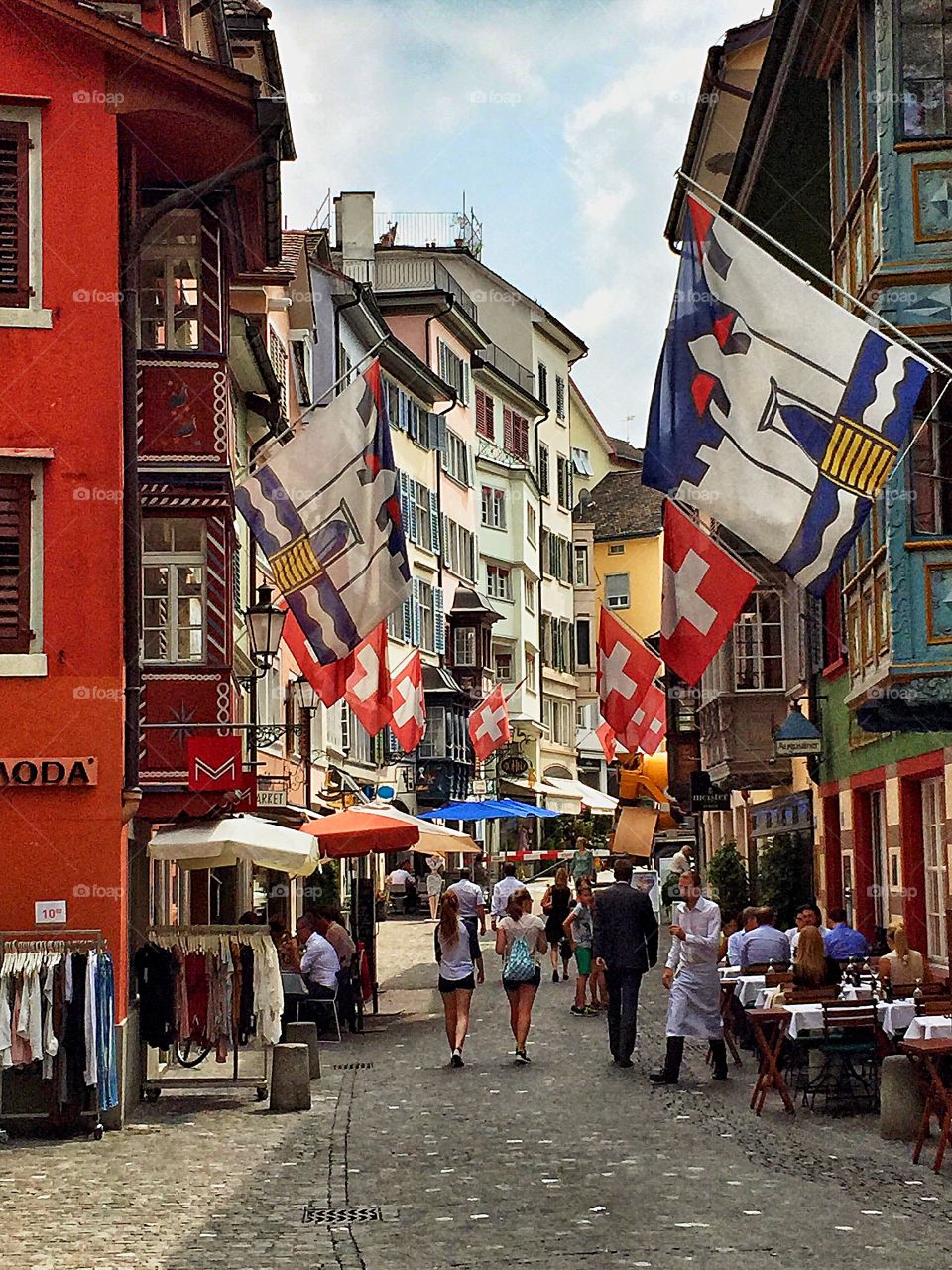 Colorful Busy Street in Zurich, Switzerland 