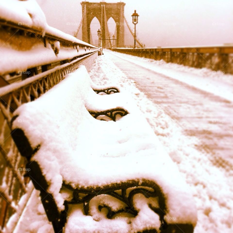 Brooklyn Bridge covered in snow