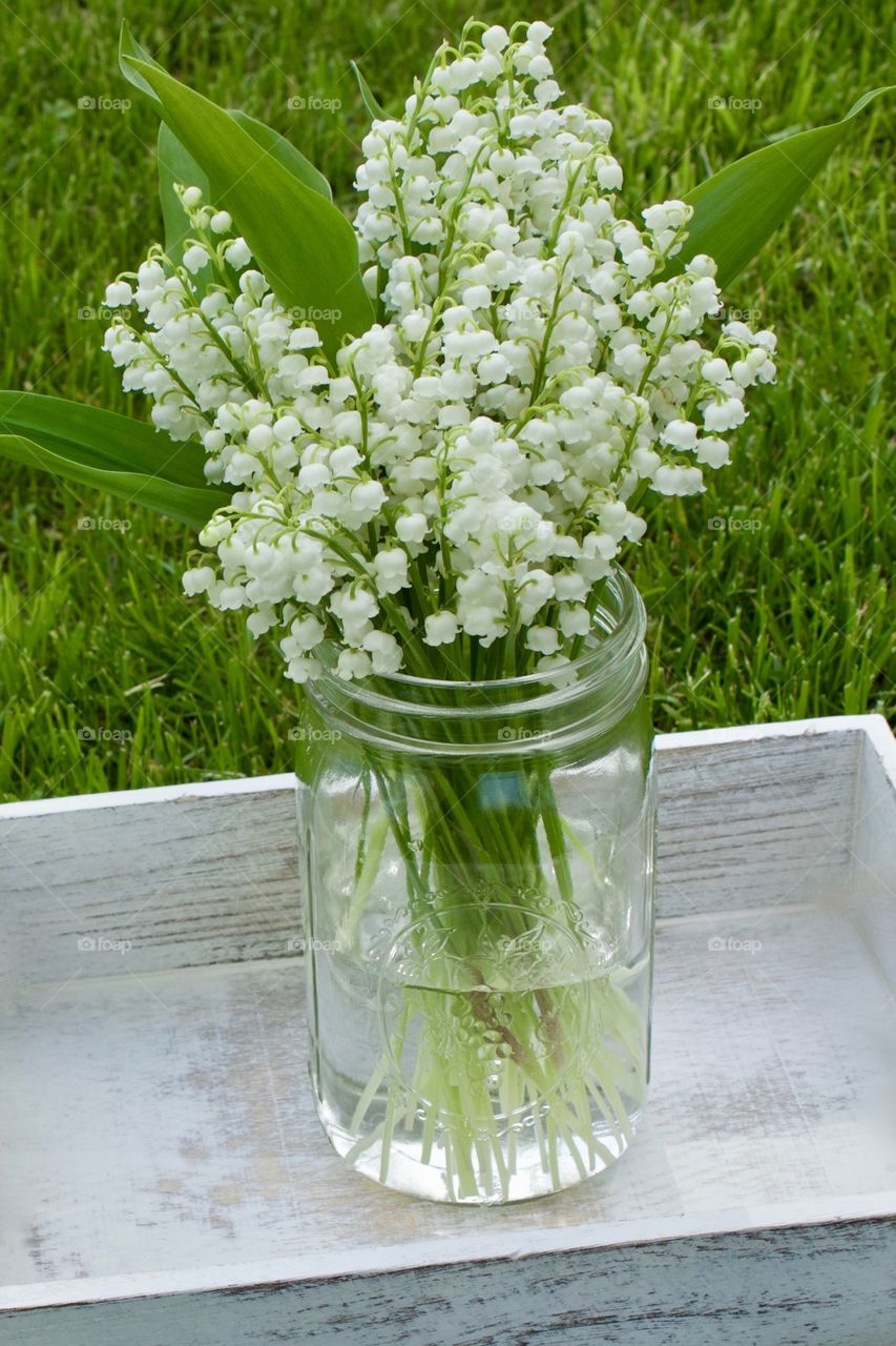 Lily of the valley blossoms in a mason jar in a whitewashed wooden tray on the grass