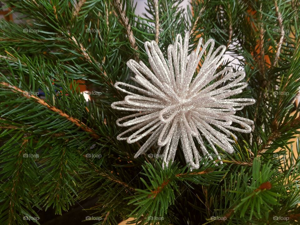 glittering christmas ball between spruce branches