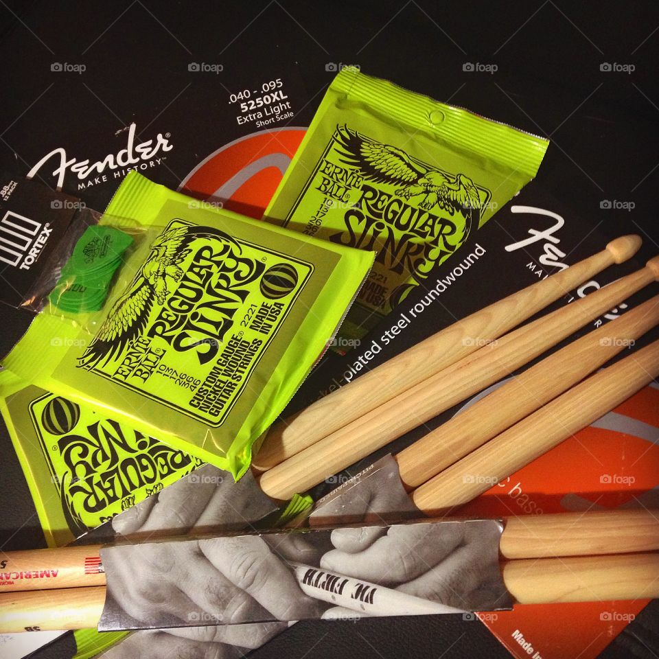 Musician Essentials. Ordered online and got some new drum sticks, guitar picks, guitar strings and bass strings.