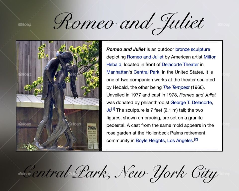 Romeo and Juliet Statue, Central Park, New York City. Instagram,@PennyPeronto