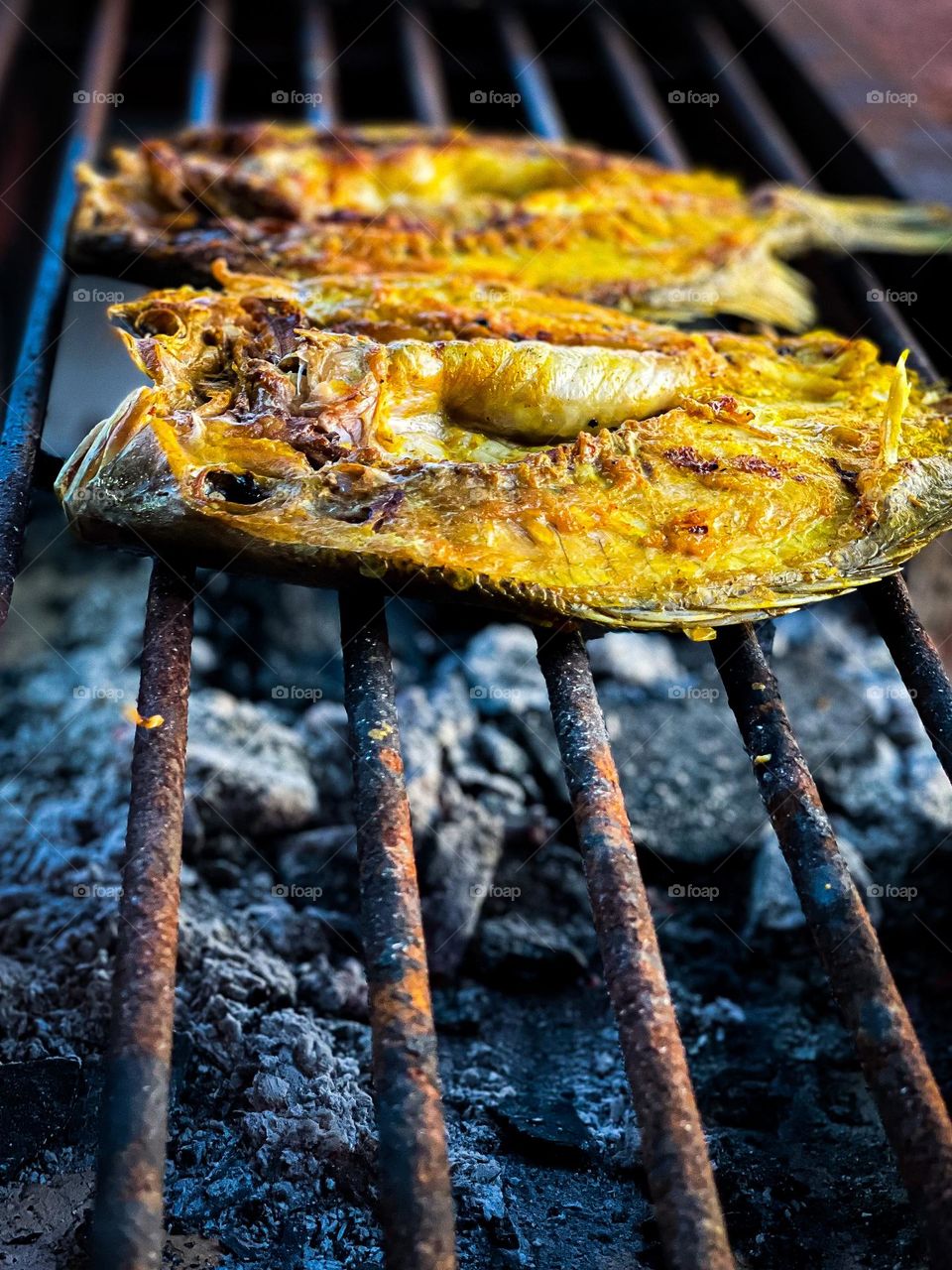 Grilled fish on a slow heat grill. Tasty grilled fish. Close up view