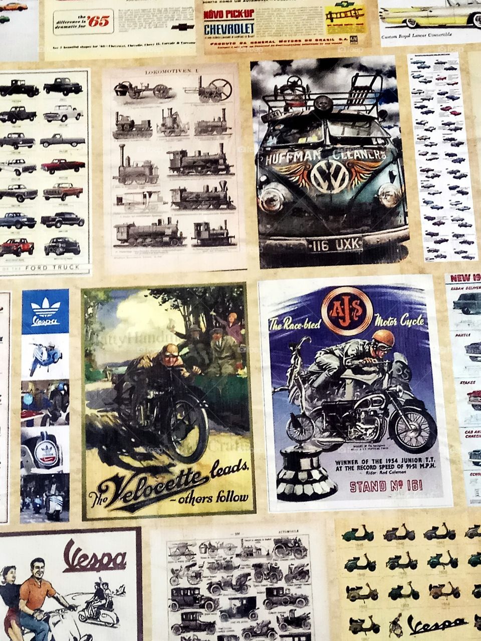 my wall room full of poster vintage car and motorcycle