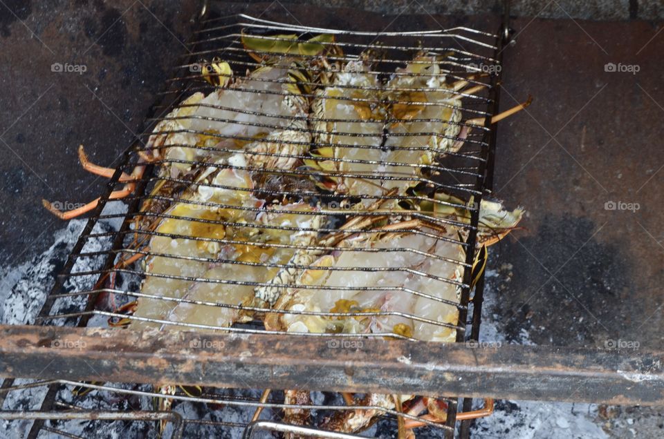 Grilled lobster on fire 