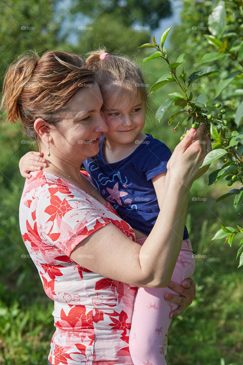 Mother showing her daughter cherries growing in a orchard. Real people. Authentic situations