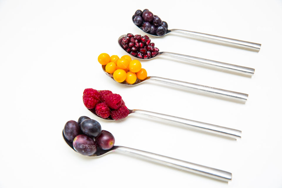 2019 for me was a year of health to focus on good and nutritional food. Image of fruits on spoons on a white background