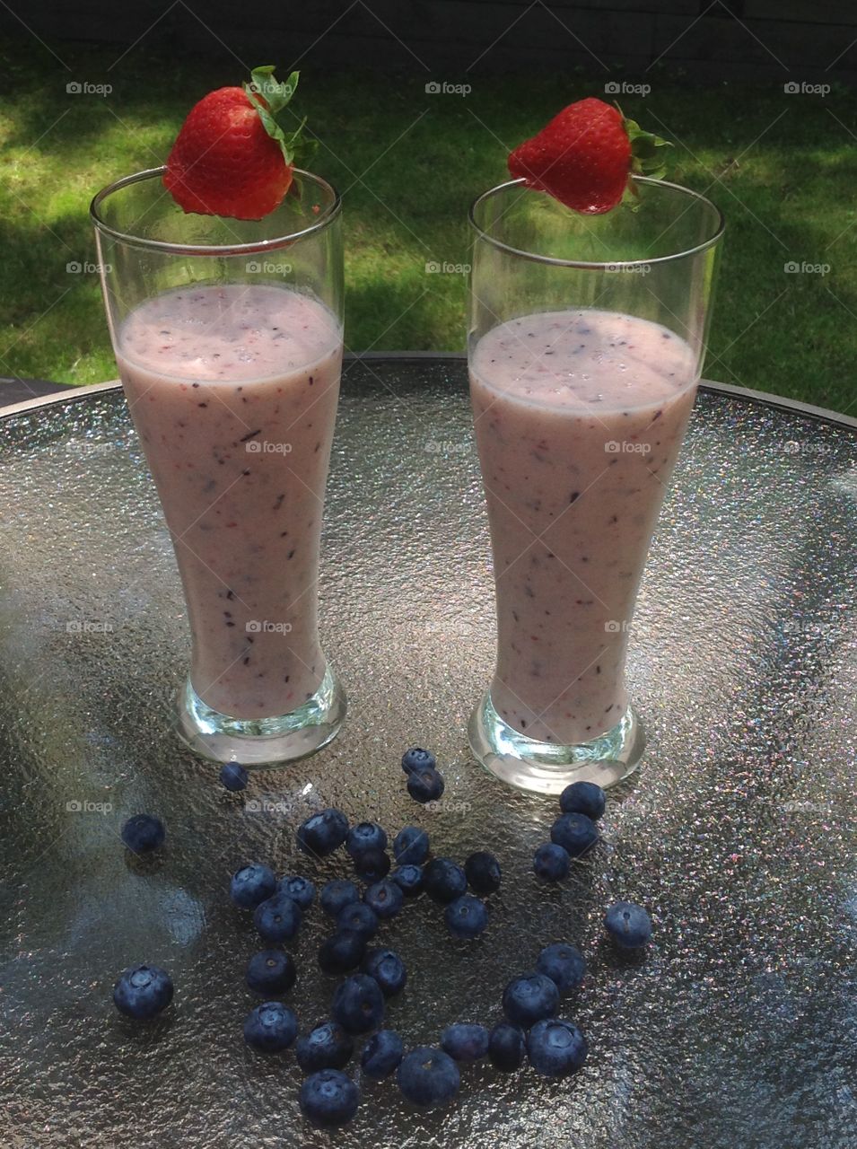 A strawberry and blueberry smoothie.