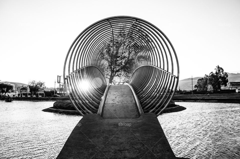 Black and white picture of a bridge made of spirals over a lake in a park