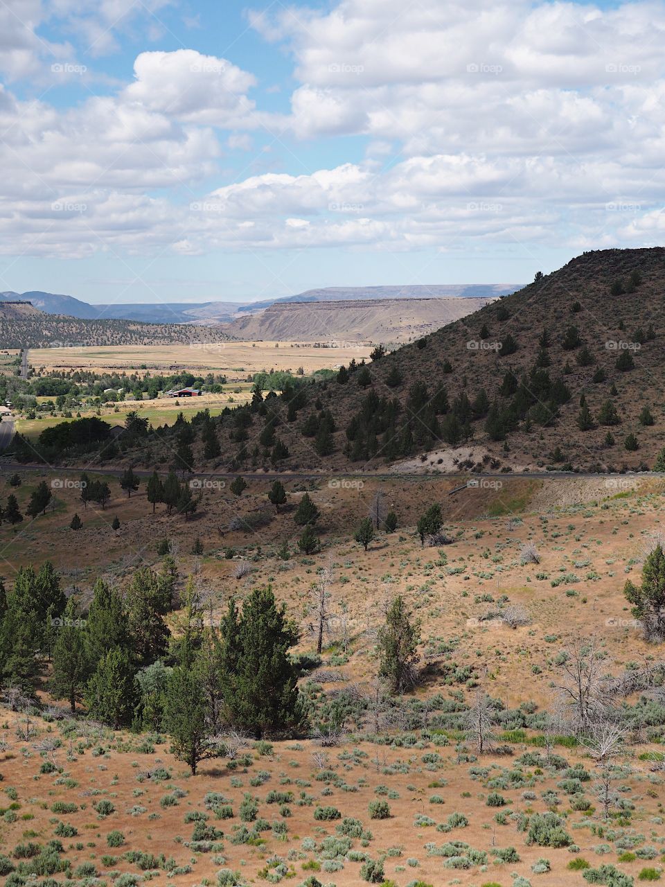 A view down hills into the farming valley and the small rural community of Gateway in Central Oregon on a sunny summer  day. 