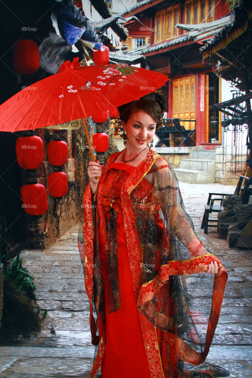 girl flower red chinese by mengzishiliu