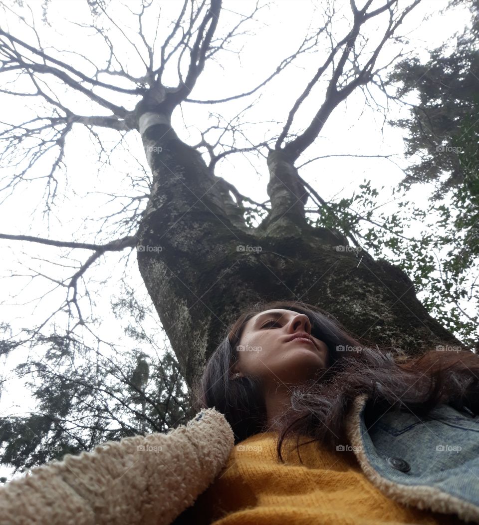 Photo of a girl from below with a big tree without leaves behind her. Several trees and leaves surround a gray and cloudy sky