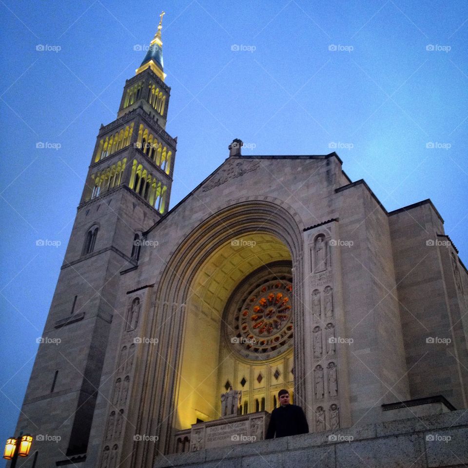 National Shrine at dusk. Basilica of the National Shrine of the Immaculate Conception, Washington, DC