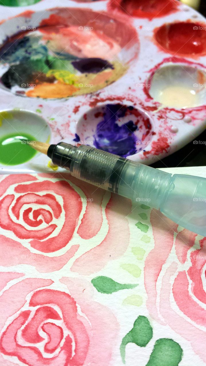 Watercolor painting using brush pen, roses, flower, floral border, paint, hand made