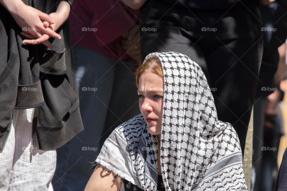 Woman With Keffiyeh Shawl At The Student Demonstration Free Palestinian At The UVA University Amsterdam The Netherlands 13-5-2024